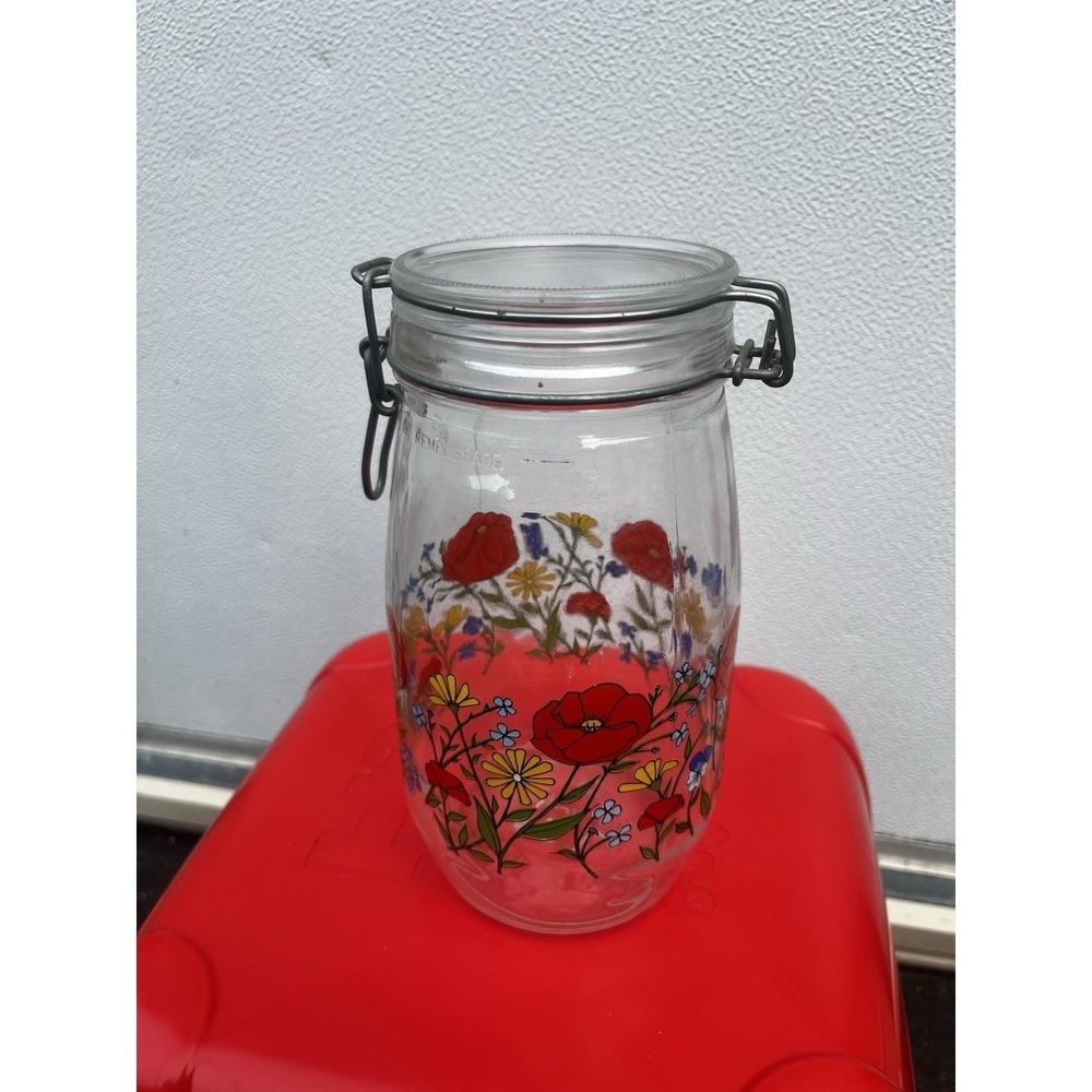 Vintage‎ Arc France R. Carmen Wild Poppy Glass Hinged Jar Canister 9" Retro MCM
